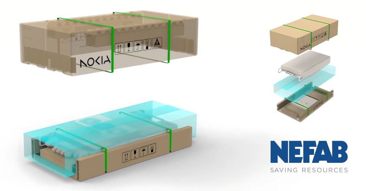 Nefab y Nokia han trabajado juntos para desarrollar una solución de embalaje basada en fibra para los módulos de radiofrecuencia (RF) 5G de Nokia. Este diseño sustituye los materiales plásticos tradicionales por el acolchado FiberFlute de Nefab.