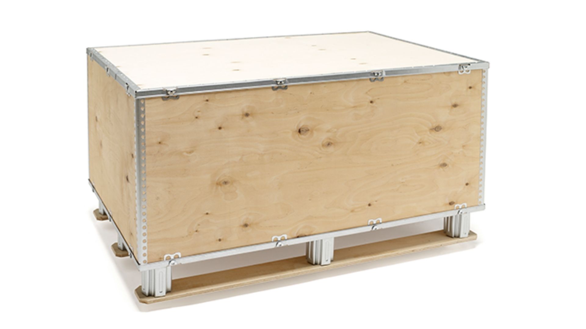 Sustainable, foldable plywood boxes can be used for storage and export shipment of industrial products.