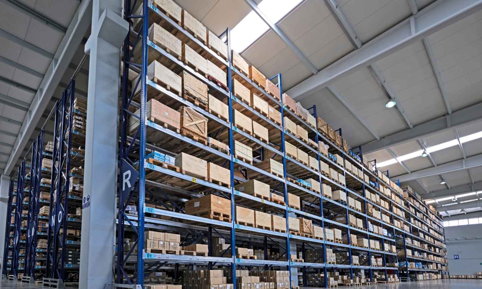 Warehouse with packaging racks