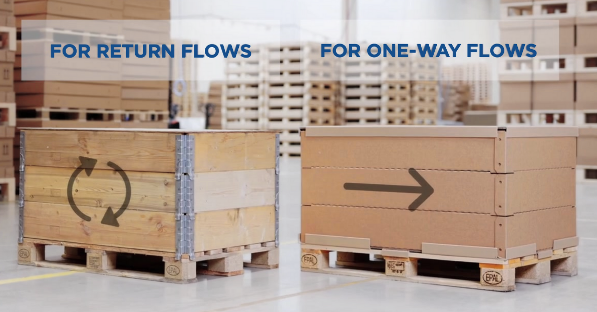 EdgePak Collar retornables de madera para palés frente a EdgePak Collar unidireccionales EdgePak Collar de fibra, uno junto al otro en el almacén